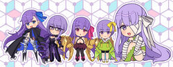  5girls :d :o bandage_over_one_eye bandaged_arm bandaged_leg bandages barefoot black-framed_eyewear black_coat black_footwear black_legwear blue_bow blue_eyes blush_stickers boots bow breasts cleavage closed_mouth coat commentary fate/extra fate/extra_ccc fate/extra_ccc_fox_tail fate_(series) giant giantess glasses hair_between_eyes hairbow hugging_own_legs juliet_sleeves karokuchitose kazuradrop_(fate) kingprotea_(fate) knees_up large_breasts long_hair long_sleeves meltryllis_(fate) moss multiple_girls open_mouth outline pantyhose parted_lips passionlip_(fate) puffy_shorts puffy_sleeves purple_eyes purple_hair red_eyes ribbon_trim short_shorts shorts sitting sleeves_past_fingers sleeves_past_wrists smile standing striped_clothes striped_shorts vertical-striped_clothes vertical-striped_shorts very_long_hair violet_(fate) white_outline 