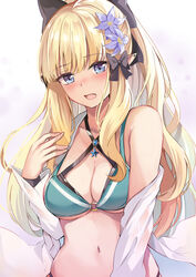  bare_shoulders bikini black_bikini black_bow blonde_hair blue_eyes blunt_bangs blush bow breasts cleavage collarbone commentary elf female flower green_bikini hair_flower hair_ornament hairbow highres konka large_breasts layered_bikini long_hair long_sleeves looking_at_viewer navel off_shoulder open_clothes open_mouth open_shirt pointy_ears ponytail princess_connect! saren_(princess_connect!) saren_(summer)_(princess_connect!) shirt sidelocks solo swimsuit white_shirt 