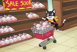  anthro atlus bandana belt black_body black_fur blue_eyes bread chibi colored detailed_background domestic_cat english_text fangs felid feline felis food fur grocery_shopping grocery_store hi_res kerchief male mammal markings mask megami_tensei megami_tensei_persona meme morgana_(persona) murrlogic1 persona_(series) persona_5 sega shitpost shopping shopping_cart sk3tchysakuraa solo tail tail_markings teeth text tuxedo_cat white_body white_fur wonder_bread yellow_bandanna yellow_kerchief 