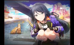  ano_hi_sora_wa_tookatta_(project_sekai) black_choker black_gloves black_hair blue_sky blurry bokeh boots car choker cloud cloudy_sky collarbone colorful_palette cross-laced_footwear day depth_of_field desert dot_nose earrings feet_out_of_frame female fingerless_gloves fingernails gas_station glint gloves grey_eyes guitar_case half_gloves hand_on_own_knee head_tilt highres hoshino_ichika_(project_sekai) instrument_case jacket jewelry knee_boots knees_together_feet_apart lace-up_boots long_hair looking_at_viewer motor_vehicle mountain mountainous_horizon official_art outdoors prairie_dog project_sekai purple_jacket road shadow shorts sign sky smile solo squatting straight_hair studded_jacket swept_bangs third-party_source viewfinder white_footwear wing_collar 