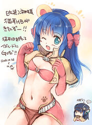  animal_ears bear_ears bikini bikini_top_only black_headwear blue_eyes blue_hair blush bow brown_capelet cabbie_hat capelet commentary_request cowboy_shot dated elbow_gloves emurin female gloves hairbow hat hat_ornament long_hair looking_at_viewer mage_(ragnarok_online) majiko_(emurin) midriff navel one_eye_closed open_mouth paw_print_tattoo pelvic_curtain ragnarok_online red_bikini red_bow red_gloves red_skirt showgirl_skirt skirt skull_hat_ornament smile star-shaped_pupils star_(symbol) swimsuit symbol-shaped_pupils translation_request 