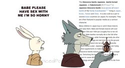  2020 anthro arthropod babe_please_stop beastars beetle blush bodily_fluids canid canine canis closed_eyes clothed clothing crying dialogue domestic_rabbit dress_shirt duo dwarf_rabbit english_text female fur grey_body grey_fur haru_(beastars) hi_res humor insects lagomorph larger_male legoshi_(beastars) leporid male mammal meme open_mouth oryctolagus rabbit rhinoceros_beetle sad scarabaeid shirt simple_background size_difference smaller_female spicedpopsicle tears text topwear white_background white_body wikipedia wolf yelling 