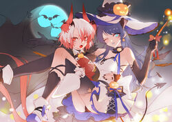  2girls :o absurdres alternate_costume animal_ears arknights ascot ass asymmetrical_legwear bare_shoulders bat_(animal) bird_ears black_cape black_collar black_gloves black_headwear black_legwear black_panties black_wings blue_ascot blue_eyes blue_moon blue_tongue blush boots bow breasts cape carrying cleavage_cutout clothing_cutout collar colored_tongue demon_girl demon_horns demon_tail detached_sleeves detached_wings dress ear_piercing elbow_gloves energy_wings fangs fiammetta_(arknights) gloves hair_between_eyes halloween_costume hat hat_ornament highres holding holding_wand horns jack-o&#039;-lantern_hat_ornament long_hair looking_at_viewer luren_max moon mostima_(arknights) multicolored_hair multiple_girls off-shoulder_dress off_shoulder one_eye_closed open_mouth panties piercing princess_carry pumpkin red_bow red_eyes red_hair short_hair single_sock single_thighhigh small_breasts socks streaked_hair tail thighhighs underwear v-shaped_eyebrows wand white_dress white_footwear white_hair wings witch_hat yuri 