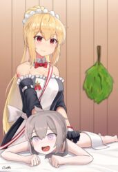  2girls ? artist_name bare_shoulders blonde_hair blush bow bowtie closed_mouth commentary detached_collar english_commentary gamryous girls&#039;_frontline gloves grey_hair highres indoors long_hair lying m200_(girls&#039;_frontline) massage multiple_girls on_stomach open_mouth ponytail purple_eyes red_bow red_bowtie red_eyes smile sv-98_(girls&#039;_frontline) sv-98_(waitress)_(girls&#039;_frontline) vihta waitress 