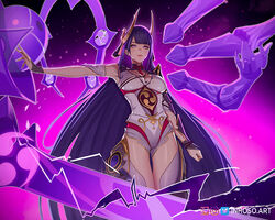  blunt_bangs breasts bright_pupils cleavage cowboy_shot detached_collar electricity female fighting_stance genshin_impact horns inhoso instagram_logo large_breasts long_hair musou_isshin_(genshin_impact) neck_ribbon official_alternate_costume outstretched_arm patreon_logo purple_background purple_eyes purple_hair raiden_shogun raiden_shogun_(magatsu_mitake_narukami_no_mikoto) red_ribbon ribbon solo straight_hair twitter_logo very_long_hair web_address 