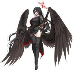  absurdly_long_hair angel_wings black_choker black_footwear black_gloves black_hair black_serafuku black_skirt black_thighhighs black_wings blackletter blue_archive bolt_action breasts choker closed_mouth clothes_lift clothes_writing collarbone double-parted_bangs emblem feathered_wings female floating_hair full_body garter_belt gloves gun hair_between_eyes half_gloves halo hasumi_(blue_archive) holding holding_gun holding_weapon lace-trimmed_garter_belt lace-trimmed_thighhighs lace_trim large_breasts legs long_hair long_hair_between_eyes long_skirt low_wings m1917_enfield midriff_peek mole mole_under_eye mx2j necktie official_art panty_straps pink_lips pleated_skirt red_eyes red_halo red_necktie rifle sailor_collar school_uniform serafuku shirt_overhang shoes side_slit sideways_glance skirt skirt_lift solo standing tall_female thighhighs thighs transparent_background trinity_general_school_logo very_long_hair weapon white_sailor_collar wings 