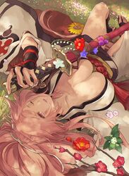  baiken big_hair black_kimono breasts cleavage facial_tattoo female flower guilty_gear guilty_gear_xrd highres holding holding_sword holding_weapon jako_(toyprn) japanese_clothes katana kimono large_breasts lying multicolored_clothes multicolored_kimono on_back one-eyed pink_hair ponytail samurai sandals scar scar_across_eye solo sword tattoo weapon white_kimono 