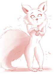  2020 anthro blush canid canine female fluffy fluffy_tail full-length_portrait fur hi_res looking_at_viewer mammal monochrome nude onomatopoeia poof_effect portrait ribbontini signature solo sound_effects standing tail text 