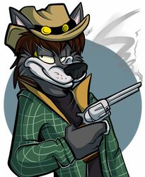  2015 anthro black_nose canid canine canis clothed clothing cowboy_hat coyote digital_media_(artwork) fatalsyndrome gun hair half-closed_eyes handgun hat headgear headwear hi_res mammal mullet narrowed_eyes ranged_weapon revolver smug southern stuart_k_reilly_(character) weapon 