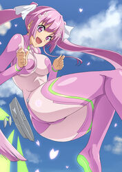  :d ass blue_sky bodysuit breasts brooch cherry_blossoms cloud commentary_request day eyebrows female floating flower from_below hair_flower hair_ornament hundred_(light_novel) jewelry kirishima_sakura_(hundred) large_breasts long_hair looking_down namakemono_(u446644k) open_mouth outdoors panties petals pink_bodysuit pink_eyes pink_hair pink_panties pink_thighhighs sidelocks sky smile solo thighhighs twintails underwear 