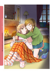  2girls ^_^ arms_around_neck blanket blush brown_eyes brown_hair chicken_(food) closed_eyes commentary_request cup fireplace food grin hug joshi_kousei kneehighs mug multiple_girls ooshima_towa photoshop_(medium) plaid plaid_skirt polka_dot short_hair siblings sisters sitting skirt slippers smile socks steam striped_clothes striped_socks suzuki_momoka suzuki_yuma twintails 