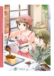  2girls apron blonde_hair blush bowl brown_eyes brown_hair cake candy chocolate chocolate_bar chocolate_making commentary_request cooking eating food grin head_scarf joshi_kousei kitchen ladle mixing_bowl multiple_girls ooshima_towa photoshop_(medium) polka_dot polka_dot_apron siblings sisters smile striped suzuki_momoka suzuki_yuma twintails 