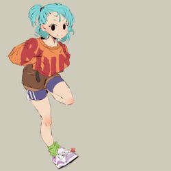  andrewcockroach arms_behind_back bike_shorts black_eyes blue_hair blush bulma_briefs closed_mouth clothes_writing commentary_request dragon_ball dragon_ball_(classic) female full_body green_socks grey_background long_hair looking_at_viewer loose_clothes one_side_up shoes signature simple_background smile sneakers socks solo standing standing_on_one_leg 