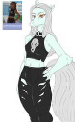  2024 alternate_species amber_eyes anthro bottomwear cavemanon_studios clothing digital_drawing_(artwork) digital_media_(artwork) equid equine eyeliner fang_(gvh) female fingers fluffy fluffy_tail fur goodbye_volcano_high grey_body grey_fur hair halter_top hand_on_hip hand_on_own_hip hi_res horse long_hair long_tail looking_at_viewer makeup mammal model_sheet navel nuar_come_mundos pants silver_hair silver_tail simple_background snoot_game snout solo tail torn_bottomwear torn_clothing torn_pants white_background 