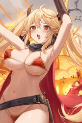  @_@ abpart absurdres ahoge armpits azur_lane belt bikini black_belt black_horns blonde_hair bluecher_(azur_lane) bluecher_(skyward_burning_love)_(azur_lane) bouncing_breasts breasts cape commentary english_commentary explosion female highres horns large_breasts long_hair looking_at_viewer navel oerba_yun_fang official_alternate_costume open_mouth red_bikini red_cape red_eyes skin_fang solo swimsuit tears twintails 