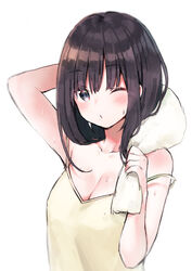  arm_up bare_arms bare_shoulders black_hair blush breasts brown_camisole camisole cleavage closed_mouth collarbone commentary_request female grey_eyes hand_up long_hair looking_at_viewer medium_breasts midorikawa_you one_eye_closed original photoshop_(medium) simple_background solo strap_slip sweat towel towel_around_neck upper_body white_background 