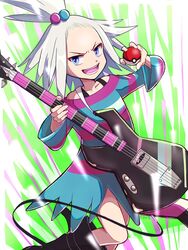  bass_guitar black_footwear blue_eyes boots commentary dress female fingernails grey_hair hair_bobbles hair_ornament highres holding holding_instrument holding_poke_ball instrument long_hair long_sleeves open_mouth poke_ball poke_ball_(basic) pokemon pokemon_bw2 roxie_(pokemon) sheyona sideways_glance solo striped_clothes striped_dress teeth tongue topknot v-shaped_eyebrows 