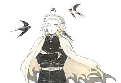  0shu_0v0 1boy ^_^ animal animal_on_head animal_on_shoulder belt bird bird_on_head bird_on_shoulder cape closed_eyes closed_mouth cowboy_shot crossed_arms demon_slayer_uniform facing_viewer flame_print forked_eyebrows happy kimetsu_no_yaiba long_sleeves male_focus medium_hair multicolored_hair on_head partially_colored print_cape rengoku_kyoujurou sidelocks simple_background smile solo streaked_hair swallow_(bird) white_background wind 