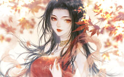  bare_shoulders black_hair blurry blurry_background cai_lin_(doupo_cangqiong) closed_mouth collar doupo_cangqiong dress fanqie_caibu_chi_tomato female highres jewelry leaf long_hair looking_at_viewer maple_leaf metal_collar necklace pointy_ears red_dress red_eyes smile solo upper_body 