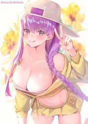  asymmetrical_hair backwards_hat bandeau bare_shoulders baseball_cap bb_(fate) bb_(swimsuit_mooncancer)_(fate) bb_(swimsuit_mooncancer)_(first_ascension)_(fate) blush braid breasts cleavage closed_mouth collarbone cropped_jacket fate/grand_order fate_(series) female floral_background hand_up hat hat_ornament jacket large_breasts leaning_forward licking_lips long_hair long_sleeves looking_at_viewer purple_eyes purple_hair single_braid skirt smile star_(symbol) star_hat_ornament suzuho_hotaru thighs tongue tongue_out v very_long_hair white_background white_headwear yellow_jacket yellow_skirt 