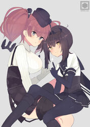  2girls anchor_hair_ornament anchor_symbol artist_logo atlanta_(kancolle) bad_id bad_twitter_id black_bodysuit black_gloves black_headband black_headwear black_sailor_collar black_skirt bodysuit breasts brown_hair clothes_writing commentary_request corset dress_shirt earrings fujiyama_ichiha garrison_cap gloves grey_background grey_eyes hachimaki hair_flaps hair_ornament hairband hat hatsuzuki_(kancolle) headband high-waist_skirt jewelry kantai_collection large_breasts long_hair long_sleeves multiple_girls neckerchief pleated_skirt sailor_collar school_uniform serafuku shirt short_hair simple_background sitting skirt star_(symbol) star_earrings suspender_skirt suspenders two_side_up white_shirt yellow_eyes 