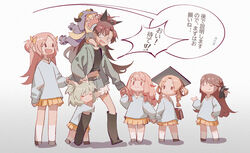  6+girls :d aged_down alternate_costume black_footwear black_headwear black_ribbon black_shirt blonde_hair blue_shirt boots bow braid brown_eyes brown_hair casual chitose_yuma closed_eyes commentary crop_top die_(die0118) full_body fur-trimmed_shorts fur_trim green_hair green_jacket hair_ribbon hair_rings hairbow hat highres hiiragi_nemu holding_hands hugging_another&#039;s_leg jacket kindergarten_uniform long_hair long_sleeves magia_record:_mahou_shoujo_madoka_magica_gaiden mahou_shoujo_madoka_magica misono_karin mitsuki_felicia mortarboard multiple_girls navel open_clothes open_jacket open_mouth parted_bangs pink_hair pleated_skirt ponytail purple_scarf red_hair ribbon sakura_kyoko satomi_touka scarf shirt short_hair shorts side_braid sidelocks skirt smile standing tamaki_ui translation_request twin_braids two_side_up yellow_skirt 