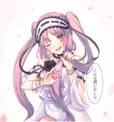  ;d arms_up boshi_(a-ieba) bracelet choker commentary_request dress euryale_(fate) fate/hollow_ataraxia fate_(series) female hairband heart highres holding holding_own_hair jewelry lolita_hairband long_hair one_eye_closed open_mouth purple_eyes purple_hair ring simple_background smile solo translated very_long_hair white_background white_dress 