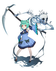  absurdres animal_print aoman_de_cangshu arm_up armpits blue_dress bug butterfly butterfly_print closed_mouth detached_sleeves double_bun dress female flat_chest full_body green_hair hair_bun hair_ornament hand_on_own_hip highres holding holding_scythe hololive looking_at_viewer necromancer red_eyes scythe shadow short_dress short_hair simple_background skeleton skull_hair_ornament smile solo uruha_rushia uruha_rushia_(1st_costume) virtual_youtuber white_background 