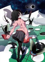  black_bow black_butterfly black_eyes black_hair black_pantyhose black_ribbon board_game bob_cut bow bug butterfly eclipse empty_eyes female grey_skirt hat head_tilt looking_at_viewer looking_back monogatari_(series) monogatari_series_puc_puc naoetsu_high_school_uniform no_parking_sign no_shoes non-web_source official_art one_way_sign oshino_ougi owarimonogatari pantyhose pink_shirt pleated_skirt puffy_sleeves reversi ribbon road_sign school_uniform shirt short_hair sign skirt sky sleeves_past_fingers sleeves_past_wrists solar_eclipse star_(sky) starry_sky swallowtail_butterfly the_darkness_(monogatari) unworn_hat unworn_headwear walking watanabe_akio white_headwear 