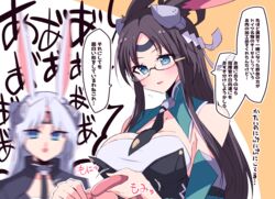  2girls absurdres animal_ears azur_lane black_hair black_necktie blood blue_eyes blurry blush breast_lift breasts collarbone commentary_request detached_collar detached_sleeves female_pervert flying_sweatdrops food glasses hair_between_eyes headband highres himiya_jouzu hiryuu_(azur_lane) hiryuu_(retrofit)_(azur_lane) large_breasts long_hair long_sleeves looking_at_another looking_down motion_blur multiple_girls necktie nosebleed open_mouth pervert rabbit_ears round_eyewear sausage sexually_suggestive souryuu_(azur_lane) souryuu_(retrofit)_(azur_lane) speech_bubble translation_request upper_body very_long_hair 