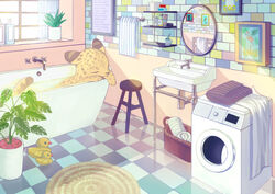  absurdres animal_focus basket bath bathing bathtub bible_verse bird bottle box closed_eyes commentary cup curtains day drawing_(object) egg english_text faucet flamingo highres indoors jpeg_artifacts leopard light mat mayumochini mirror no_humans original picture_frame plant potted_plant reflection rubber_duck scenery shampoo sink stool tile_floor tiles toothbrush towel washing_machine water window 