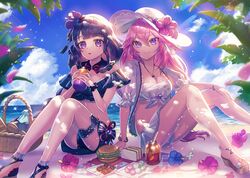  2girls beach bikini bikini_skirt black_bikini black_hair black_skirt blue_flower blue_sky blunt_bangs bracelet breasts cleavage closed_mouth cloud d: detached_collar flower genshin_impact hair_between_eyes hair_flower hair_ornament hand_on_own_knee hat hat_flower hibiscus highres holding jewelry kozou_kazaru long_hair looking_at_viewer medium_breasts miniskirt multiple_girls neck_ribbon necklace ocean open_clothes open_mouth open_shirt petals pink_flower pink_hair pleated_skirt purple_eyes purple_flower raiden_shogun red_flower red_ribbon ribbon shirt short_sleeves sitting skirt sky smile sparkle sun_hat swimsuit thigh_strap white_bikini white_flower white_headwear white_shirt white_skirt yae_miko 