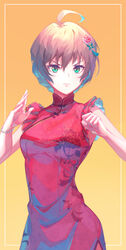  absurdres ahoge bracelet breasts china_dress chinese_clothes clenched_hand closed_mouth commentary_request cowboy_shot dress female floral_print flower frown g_riya119 gradient_background gradient_hair green_eyes hair_flower hair_ornament highres idolmaster idolmaster_million_live! idolmaster_million_live!_theater_days jewelry light_brown_hair medium_breasts multicolored_hair red_dress sakuramori_kaori short_hair side_slit solo 