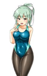  arms_behind_back black_pantyhose blue_one-piece_swimsuit bow breasts brown_eyes collarbone competition_swimsuit covered_navel cowboy_shot female green_hair green_one-piece_swimsuit grey_hair hair_between_eyes hairbow hand_on_own_chest kantai_collection kudou_(ooabareteng) medium_breasts one-piece_swimsuit open_mouth pantyhose pantyhose_under_swimsuit ponytail simple_background smile solo swimsuit white_background yuubari_(kancolle) yuubari_kai_ni_(kancolle) 