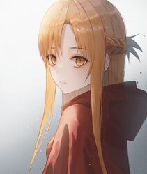  absurdres asuna_(sao) bell_(pixiv12536604) blonde_hair braid brown_eyes cape closed_mouth commentary female from_side gradient_background grey_background hair_between_eyes hair_intakes half_up_half_down_braid highres hood hood_down long_hair looking_at_viewer red_cape solo sword_art_online upper_body white_background 