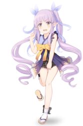  bare_legs black_skirt blush bow cementite elf female full_body hair_ribbon highres kyoka_(princess_connect!) long_hair miniskirt open_mouth pointy_ears princess_connect! purple_hair ribbon sandals simple_background skirt solo tabi twintails very_long_hair white_background yellow_bow zouri 