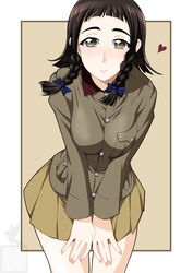  artist_logo birthday black_border black_eyes black_hair blue_ribbon blunt_bangs blush border braid brown_background brown_jacket character_name chi-hatan_military_uniform cowboy_shot dated female girls_und_panzer hair_ribbon half-closed_eyes hands_on_own_thighs heart highres ichijou_takakiyo jacket leaning_forward long_sleeves looking_at_viewer medium_hair military_uniform miniskirt nagura_setsuko pleated_skirt ribbon side_braid skirt solo standing twin_braids uniform v_arms yellow_skirt 