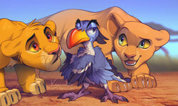  4_toes 5:3 avian avian_feet bird blue_body blue_eyes blue_feathers brown_body brown_eyes brown_fur bucerotiform day detailed_background disney feathered_wings feathers feet felid female feral fur green_eyes group hornbill kyander larger_young lion male mammal nala_(the_lion_king) open_mouth orange_body orange_fur outside pantherine quadruped red-billed_hornbill simba_(the_lion_king) size_difference sky teeth the_lion_king toes tongue wings young young_feral zazu_(the_lion_king) 