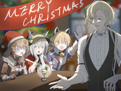  1boy 3girls :o animal_ears betty_(neural_cloud) black_vest blonde_hair blue_eyes blue_gloves blush braid brown_gloves cat_ears chinese_commentary choco_(neural_cloud) christmas dushevnaya_(neural_cloud) earrings fake_animal_ears finellen fnc_(girls&#039;_frontline) gin_(neural_cloud) girls&#039;_frontline girls&#039;_frontline_neural_cloud gloves green_eyes grey_hair hair_ornament hair_ribbon hat highres idw_(girls&#039;_frontline) jewelry ksvk_(girls&#039;_frontline) light_brown_hair long_hair looking_at_another looking_away merry_christmas multiple_girls multiple_views open_mouth ribbon santa_hat shirt silver_gloves smile star-shaped_pupils star_(symbol) symbol-shaped_pupils upper_body vest white_shirt 