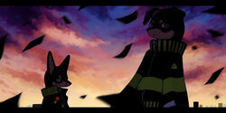  2boys absurdres animal_ears black_fur blue_eyes blue_sky body_fur brown_eyes brown_fur closed_mouth cloud commentary dark dog_ears furry furry_male highres jacket jpeg_artifacts letterboxed long_sleeves looking_at_viewer male_focus mayumochini multiple_boys orange_sky original outdoors paper sky standing sunset two-tone_fur upper_body yellow_jacket zipper zipper_pull_tab 