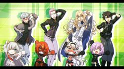  3girls 5boys :d ^_^ anastasia_(fate) anger_vein ashwatthama_(fate) bishounen black_gloves black_hair blonde_hair blush caenis_(fate) carnival_phantasm chibi closed_eyes dancing dark-skinned_female dark-skinned_male dark_skin fate/grand_order fate_(series) fujimaru_ritsuka_(male) fujimaru_ritsuka_(male)_(polar_chaldea_uniform) gloves gomashou_(ssm_fgo) grey_hair hair_over_one_eye hand_on_own_hip kadoc_zemlupus kirschtaria_wodime mash_kyrielight mash_kyrielight_(ortenaus) multiple_boys multiple_girls open_mouth pants parody pink_hair red_hair scandinavia_peperoncino smile super_affection white_gloves white_hair 