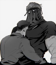  2boys absurdres bara between_pectorals call_of_duty call_of_duty:_modern_warfare_2 covered_face from_behind glowing glowing_eyes greyscale head_between_pecs height_difference helmet highres horangi_(modern_warfare_2) konig_(call_of_duty) large_pectorals male_focus monochrome multiple_boys muscular muscular_male pectorals satt_(06satt) scar scar_on_arm scar_on_chest short_hair surprised yaoi 