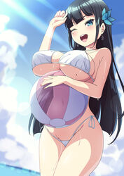  :d aqua_eyes ball beachball bikini black_hair blue_sky blunt_bangs blunt_ends breasts commentary_request day female hair_ornament highres holding holding_ball large_breasts lens_flare long_hair mole mole_on_breast navel ocean one_eye_closed open_mouth original outdoors piercing sakamata_(sakamata4) side-tie_bikini_bottom sky smile solo standing swimsuit teeth underboob upper_teeth_only 