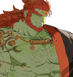  1boy armlet bara bare_pectorals beard chest_hair colored_skin facial_hair ganondorf gold gomihebi green_skin hadanugi_dousa highres huge_eyebrows large_pectorals long_hair looking_to_the_side male_focus mature_male muscular muscular_male nipple_piercing nipple_rings nipples oerba_yun_fang official_alternate_costume open_clothes orange_hair pectorals piercing smirk solo tattoo the_legend_of_zelda the_legend_of_zelda:_tears_of_the_kingdom thick_eyebrows upper_body 