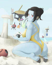  absurdres alien ass barefoot beach black_hair blue_skin breasts butt_crack cocktail_glass colored_skin controller cup drinking_glass english_commentary female fewer_digits full_body game_controller gamepad headgear highleg highleg_swimsuit highres holding holding_controller holding_game_controller hooves kneeling large_breasts looking_at_viewer looking_back no_nose one-piece_swimsuit pinky_out robot_jones_(artist) sand_castle sand_sculpture short_ponytail soles solo_focus strap_gap summer swimsuit t&#039;au tau_drone thick_thighs thighs warhammer_40k wireless yellow_one-piece_swimsuit 