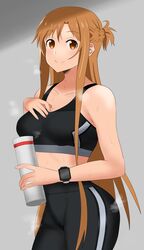  asuna_(sao) black_sports_bra braid breasts brown_eyes brown_hair female half_up_half_down_braid hedgehog_(harinezumi) highres holding long_hair looking_at_viewer medium_breasts smile solo sports_bra sweat sword_art_online very_long_hair watch 