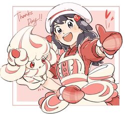  :d alcremie alcremie_(strawberry_sweet) apron buttons commentary dawn_(palentine&#039;s_2021)_(pokemon) dawn_(pokemon) dress eyelashes female grey_eyes grey_hair hair_ornament hairclip hat heart long_hair looking_at_viewer mittens official_alternate_costume open_mouth pokemon pokemon_(creature) pokemon_masters_ex rate_(naze_besu_latte) red_dress red_mittens short_sleeves smile teeth thumbs_up upper_body white_headwear 