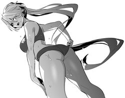  adjusting_buruma adjusting_clothes ass azur_lane azur_lane:_slow_ahead bare_arms bare_shoulders breasts buruma female from_behind greyscale hori_(hori_no_su) kirov_(azur_lane) kirov_(high_jump_star)_(azur_lane) long_hair monochrome official_alternate_costume official_art open_mouth simple_background solo sweat very_long_hair white_background 