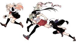  4girls asymmetrical_legwear black_hair black_ribbon black_serafuku blonde_hair carrying_over_shoulder gloves green_eyes hair_flaps hair_ornament hair_ribbon hairclip hatsushimo_(kancolle) hatsushimo_kai_ni_(kancolle) headband highres kantai_collection long_hair long_sleeves messy_hair midriff multiple_girls necktie open_mouth partially_fingerless_gloves pink_hair pleated_skirt ponytail red_eyes ribbon rindou_(rindou_annon) running school_uniform scrunchie serafuku shirt short_sleeves side_ponytail sidelocks simple_background single_thighhigh skirt smile straight_hair thighhighs uneven_legwear very_long_hair white_shirt yahagi_(kancolle) yura_(kancolle) yuudachi_(kancolle) yuudachi_kai_ni_(kancolle) 