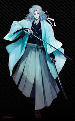  1boy fate_(series) forehead_protector full_body hakama hakama_skirt haori holding holding_weapon japanese_clothes katana long_hair looking_at_viewer saitou_hajime_(fate) saitou_hajime_(third_ascension)_(fate) sei_8220 sheath shinsengumi skirt smirk solo_focus sword tabi weapon 